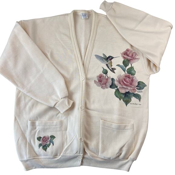Active Wear Vintage Cardigan Sweatshirt Flower Hummingbird Women's Size XXL USA - Picture 1 of 6